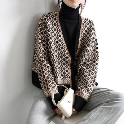 Autumn Winter Women Diamond Pattern Knitted Cardigan Sweater Jumper Long Sleeve Button-up Female Outerwear