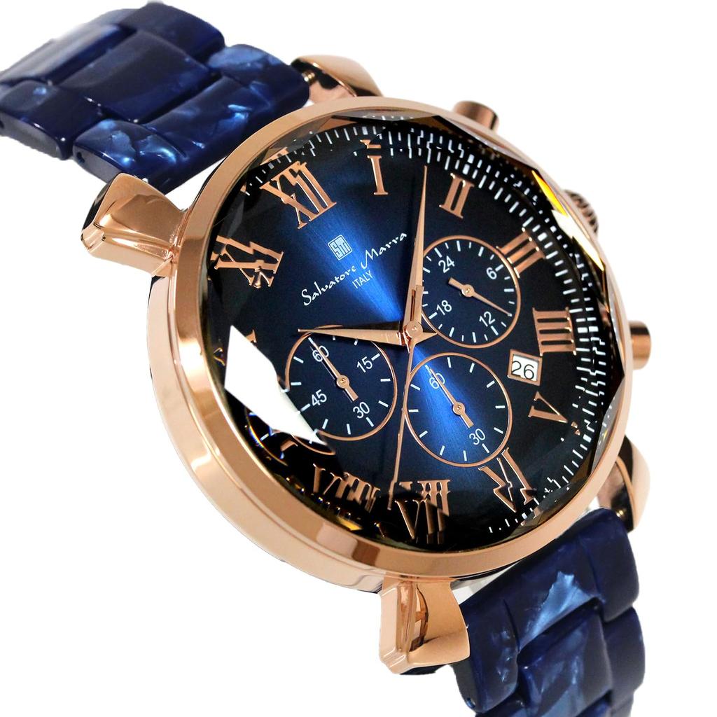 Salvatore Marra Men's Blue Watch with Faceted Glass, Chronograph, and Acetate Strap, SM19104A-PGBL