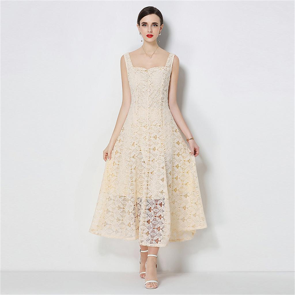 Elegant Sommer Heklet Broderi Blonder Lange Kjoler Dame   Sexy Tynn Stropp Kveldsfestkjole Vestidos De Fiesta