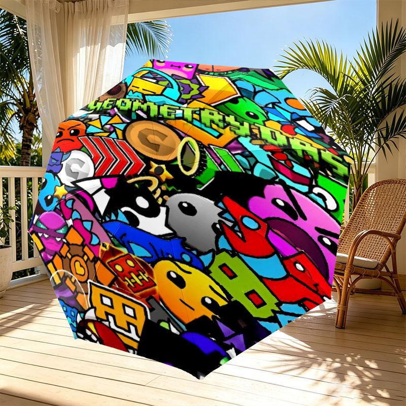 Geometry Dash Print Automatic Open Close Umbrella, Portable Foldable Umbrella, for Outdoor Commute Camping Trip, Ideal Birthday Gift