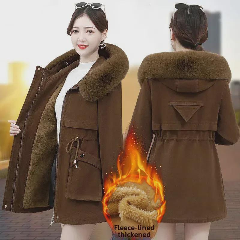 Dámský zimní sametový kabát 2024: Slim Fit, Korejský styl, Kožešinový límec, Teplý, Velká velikost, Středně dlouhý.