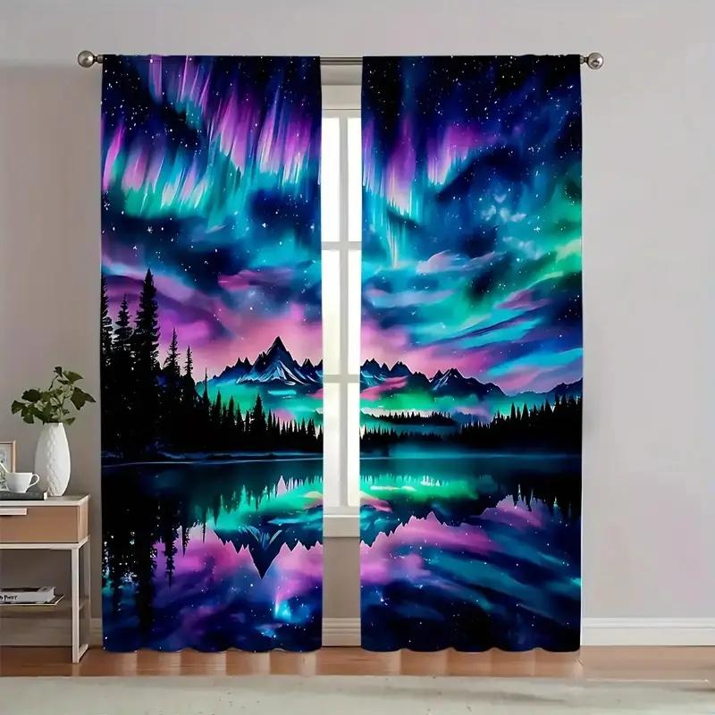 

Шторы с принтом «Лес Авроры» Подходят для спальни, гостиной, кухни Декор для дома Комплект из 2 штор для окна Изготовлены из полиэстера Можно стирать Готовы к использованию W100*H70(CM)-Rod Pocket&1PCS