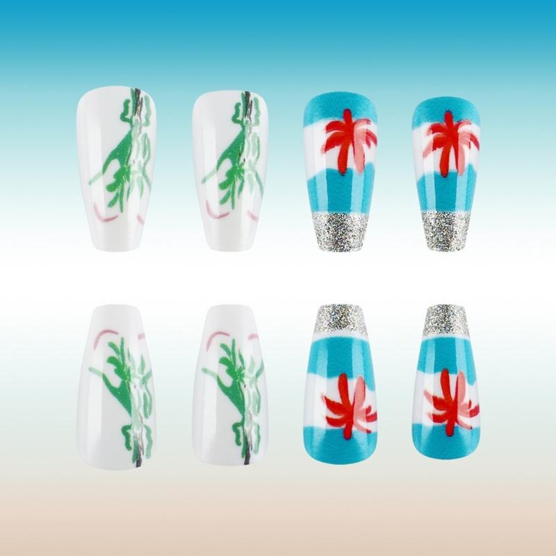 24 Pcs Summer Artificial Nail Long Ballerinas Full Cover False Nail Glittering Stick on Nail Coconut Tree Press On Nail