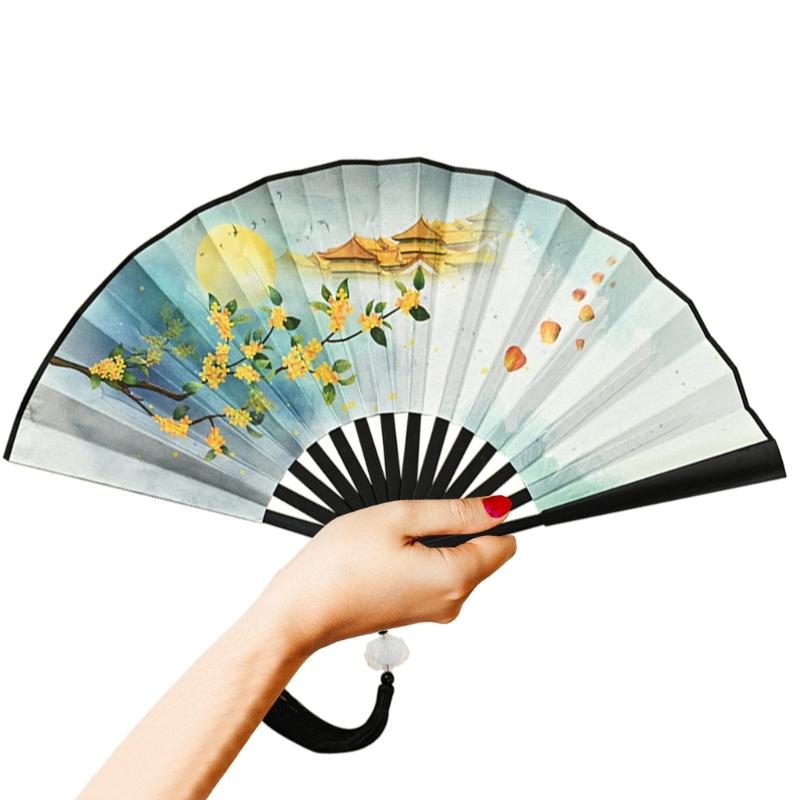 Chinese Double Sided Painting Folding Fan Vintage Handhelds Fan with Tassels Plastic Foldable Hand Fan for Parties