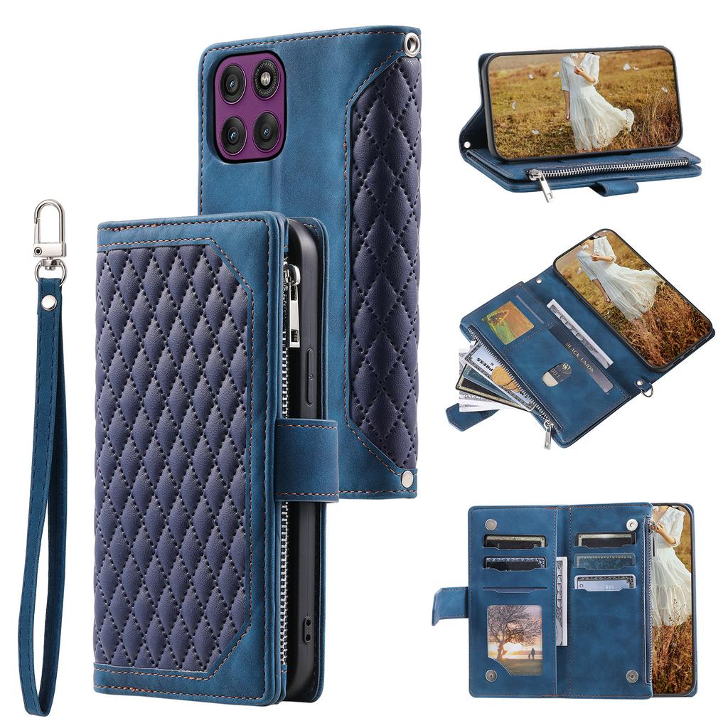 For Motorola Moto G56 5G Wallet Case Rhombus Stitching Line PU Leather Phone Cover with Wrist Strap