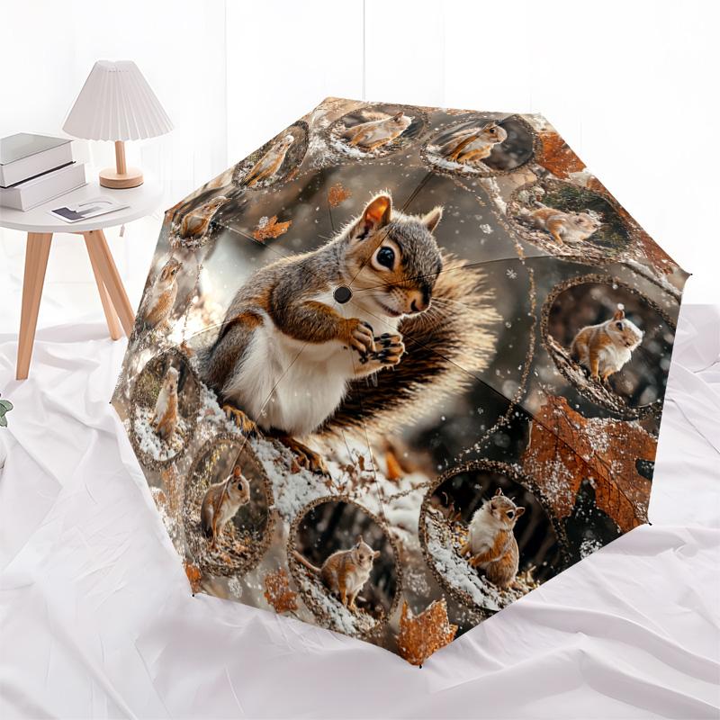 1 PC Automatic Folding Umbrella - Squirrel Pattern, Portable & Foldable Design with 8 Ribs, Christmas Birthday Gifts