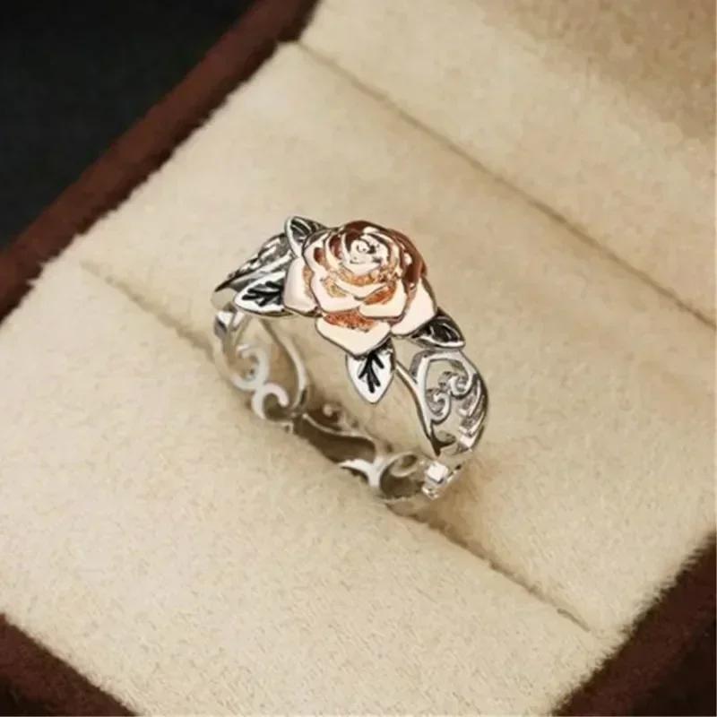 Vintage Block Rose Gold Plated Flower Ring for Women Fashion Style Plated Color Two-Tone Rose Flower Lady Ring Jewelry Gifts