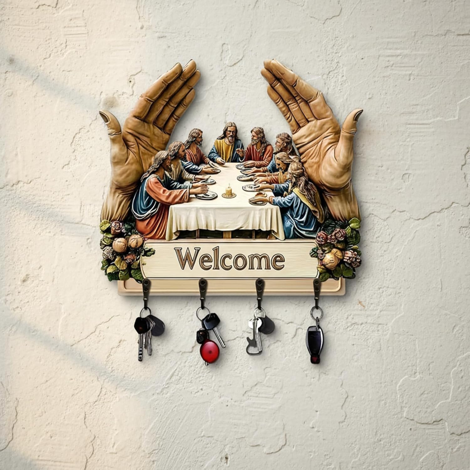 

2D Плоский Иисус и Ученики Настенное Искусство Брелок Религиозный Держатель для Ключей с 2 Металлическими Крючками Маленькая Подставка-Органайзер для Ключей для Прихожей Коридора Входа 1PCS