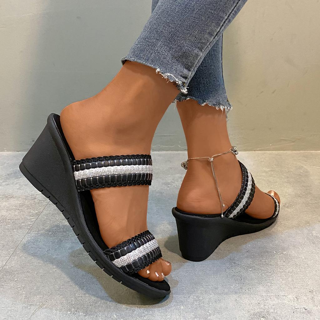 fashion Summer Flip Flops Women Wedge Slippers Fashion Platform Shoes Open Toe Wedges Sandals Strap Crystal Shoes for Women Plus Size 42