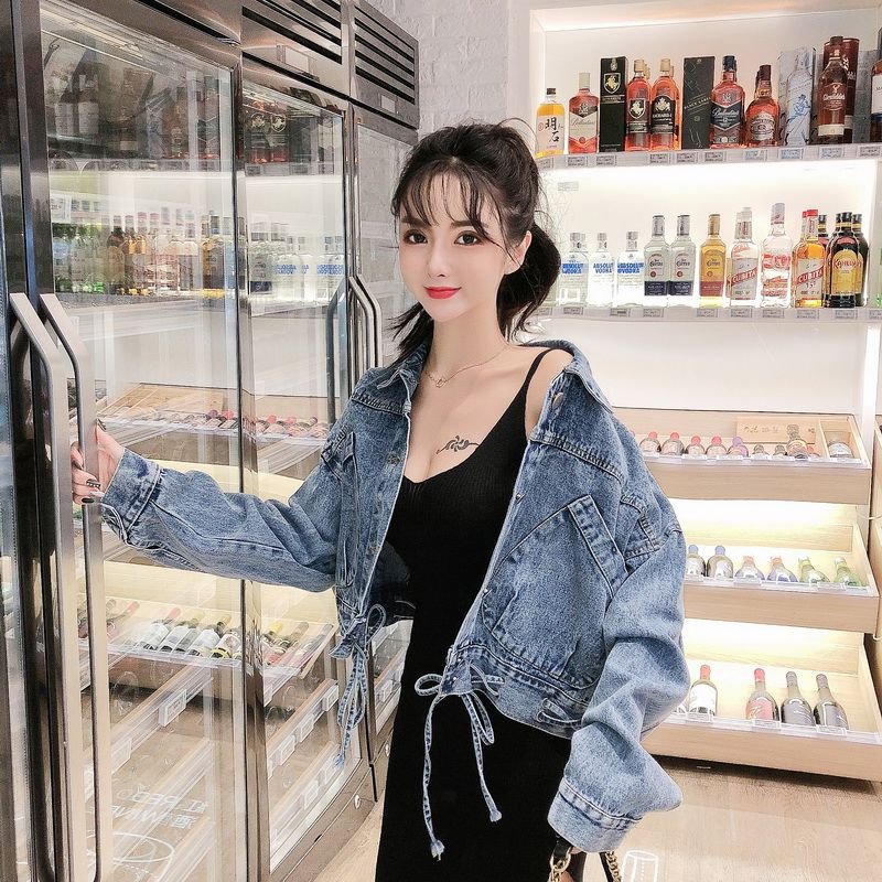 Spring and Autumn Denim Short Jacket Female Students Korean Version of Loose Lacing Hong Kong Style All Metch Tops