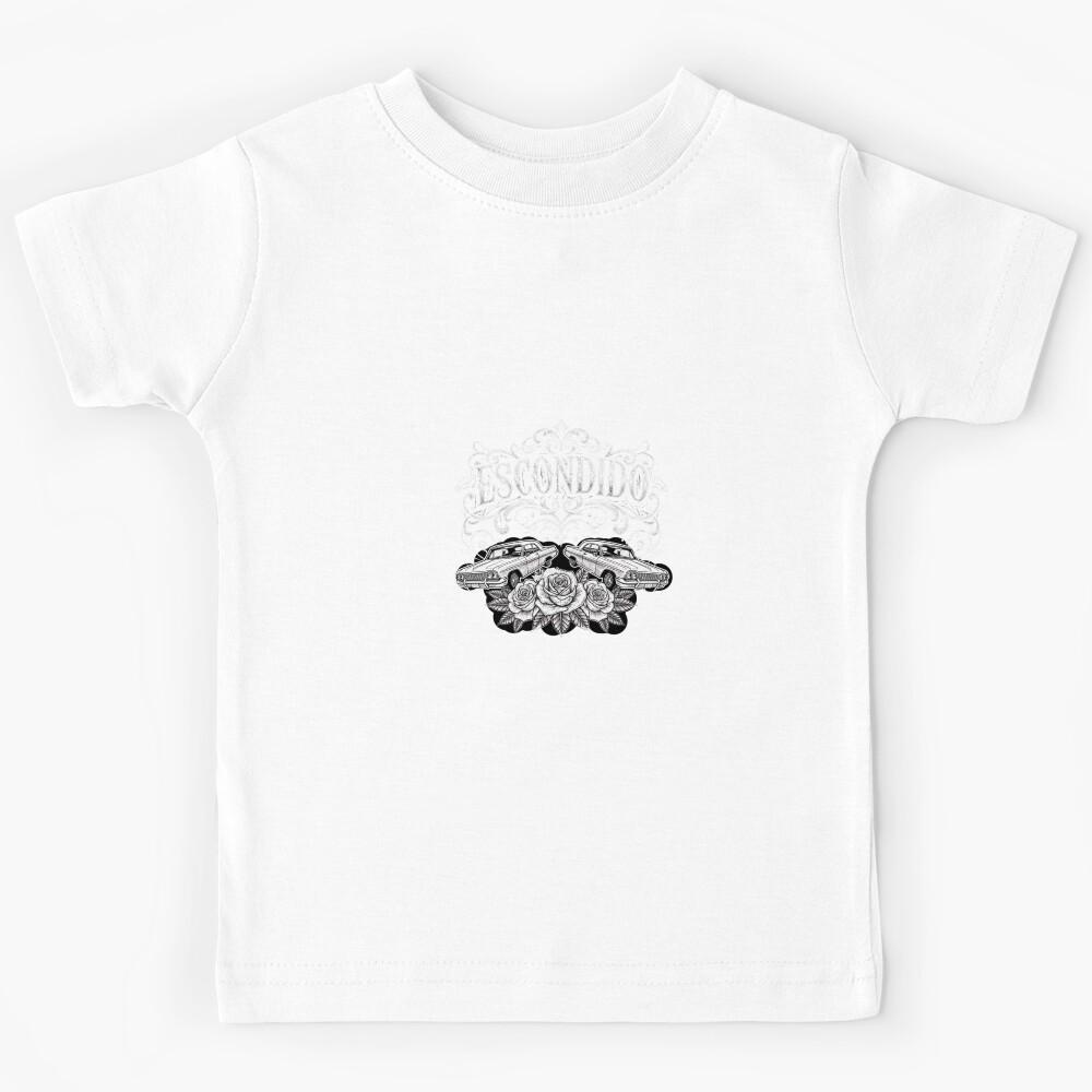 Escondido Lowrider Cars and Roses - Chicano Style Scrollwork Art Kids T-Shirt 110