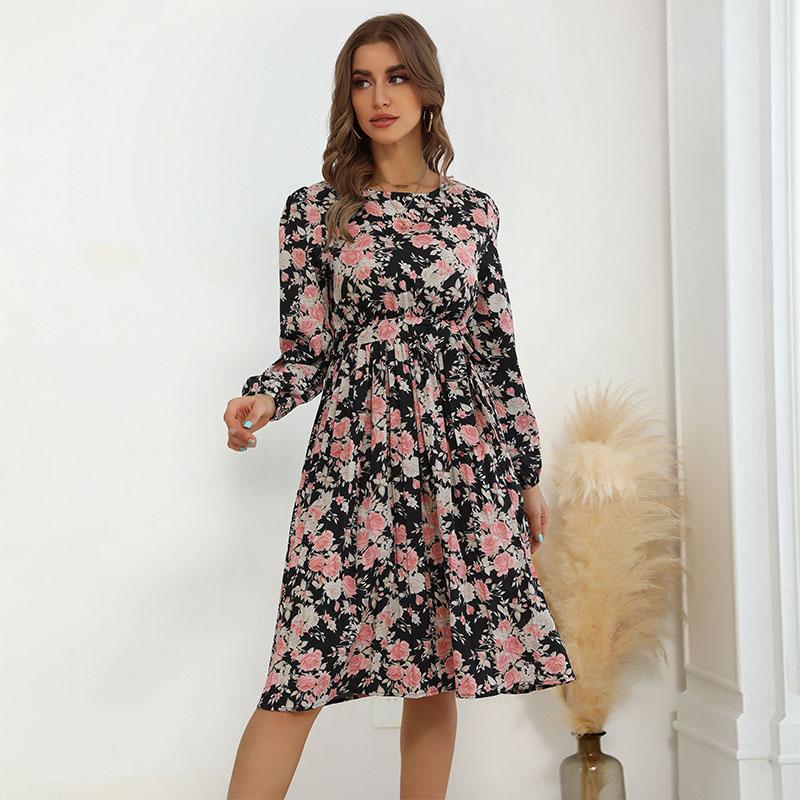 YYFS Dámská móda Léto Jaro Květinový potisk Ležérní šaty s dlouhým rukávem do O s výstřihem