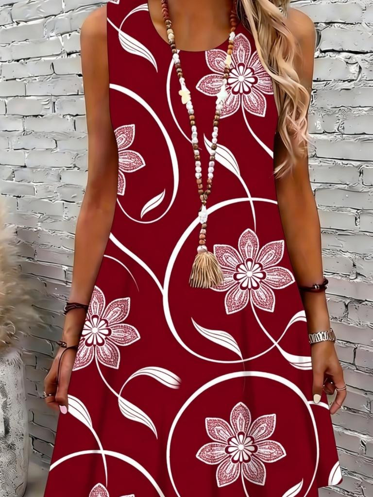 Women's Floral Print Round Neck Dress, Fashion Casual Sleeveless Short Dress for Daily Outdoor Wear, Ladies Dress for Summer