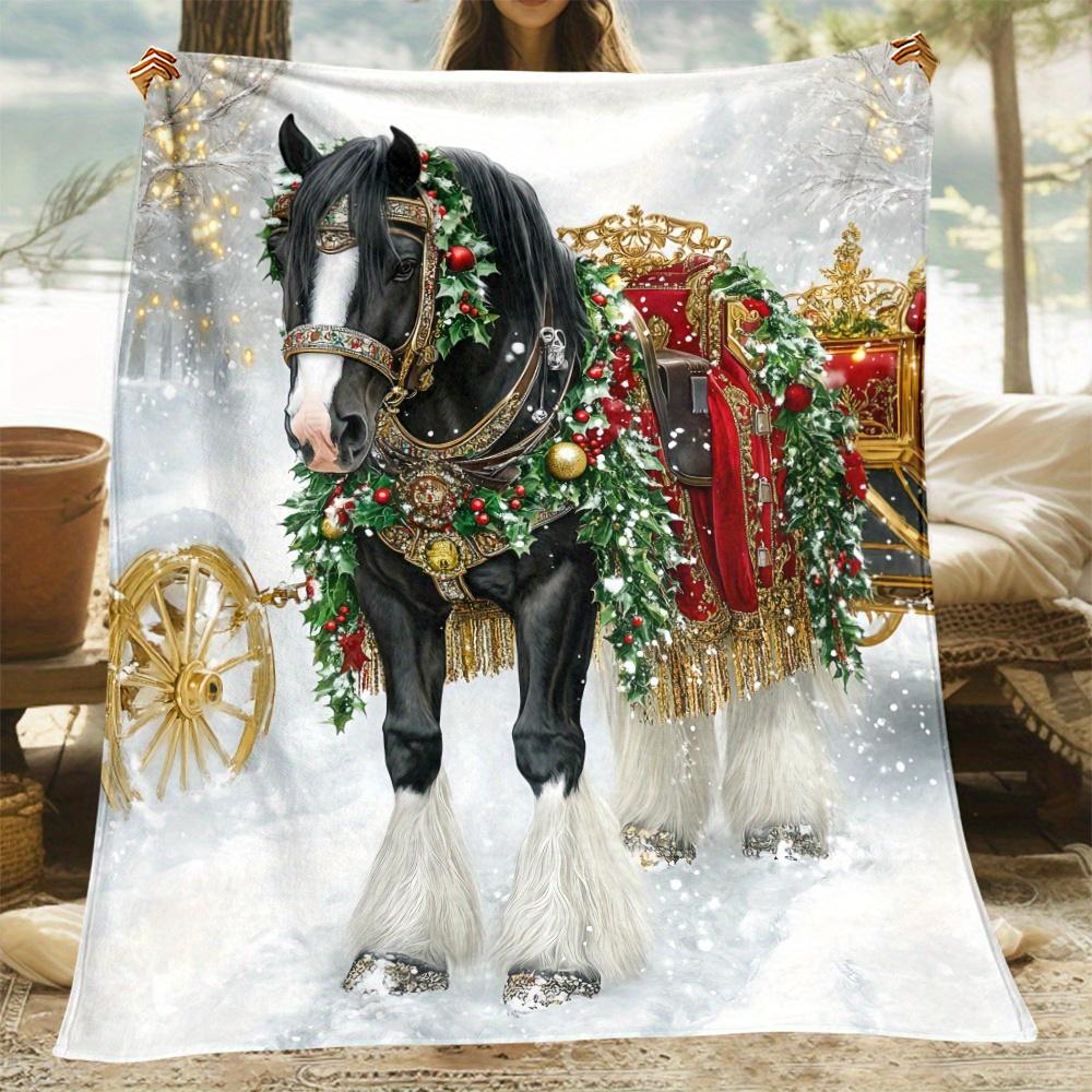 

Festive Christmas Horse Print, Soft and Warm Fleece Blanket, Lightweight Flannel Throw for Home, Travel, Camping, All-Season 75x90cm