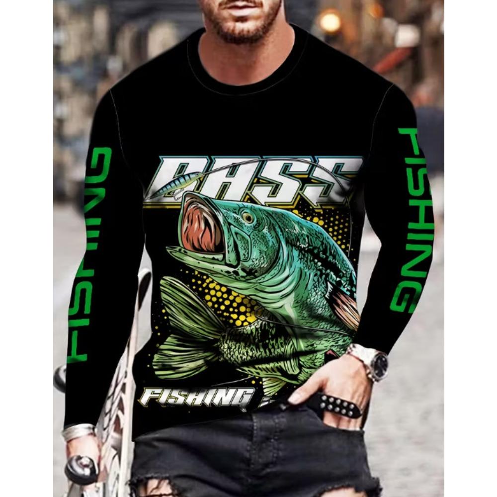 Fashionable Colorful Casual Long Sleeved T-shirt Comfortable Vintage Creative Fishing Big Fish 3d Printed Versatile Loose Men's T-shirt
