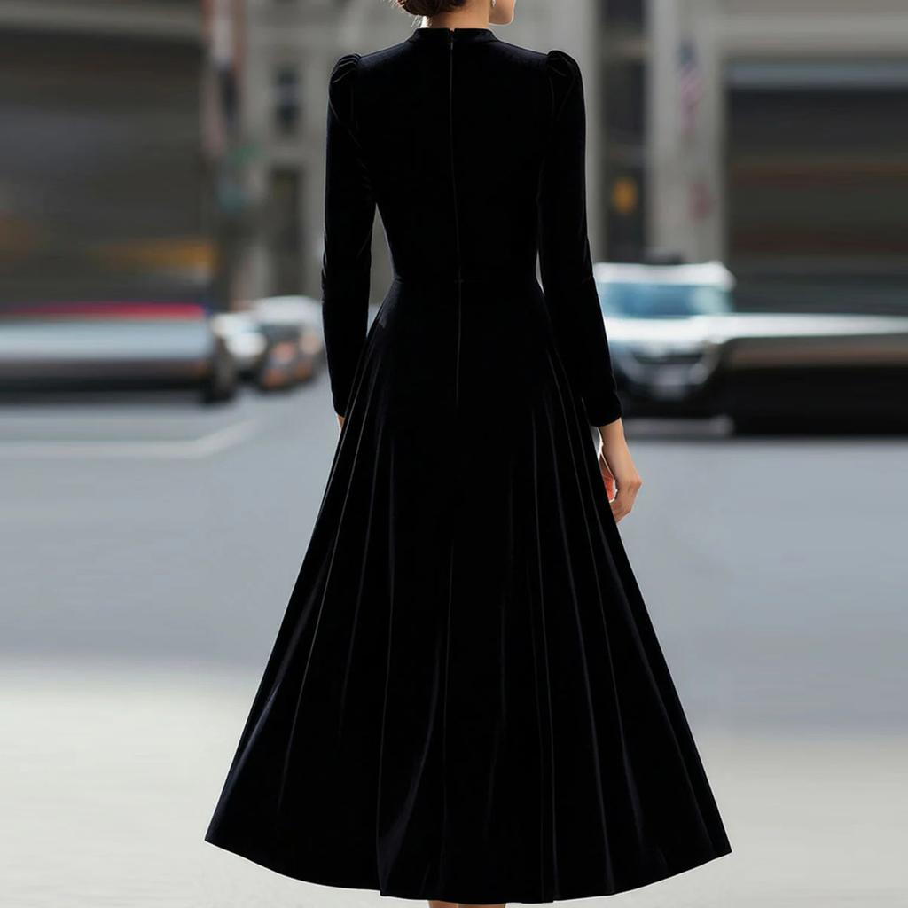 Women's Fashion Casual -Colour Velvet -Neck Long-Sleeved Dress