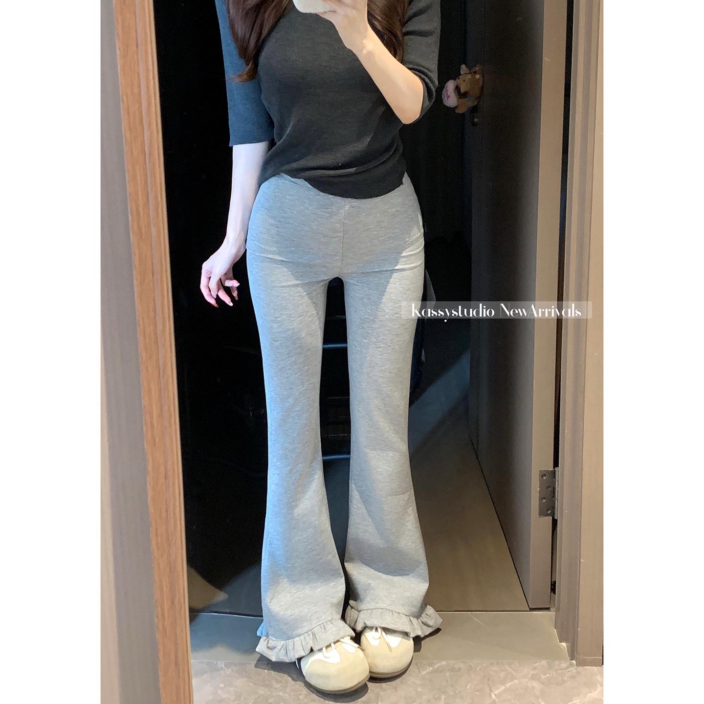 Lace Patchwork Micro Flare Pants - Spring 2026 New Arrival, Slimming Versatile Korean Style for Women Small светло-серый