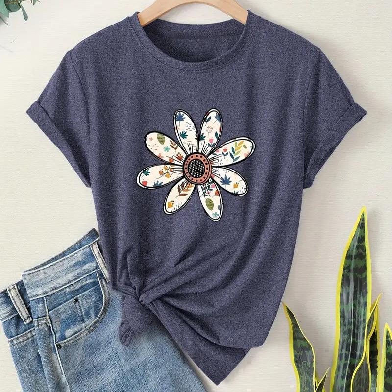 Women Summer T Shirt Retro Fashion Short Sleeve Tees Casual Flower Printed  Tops