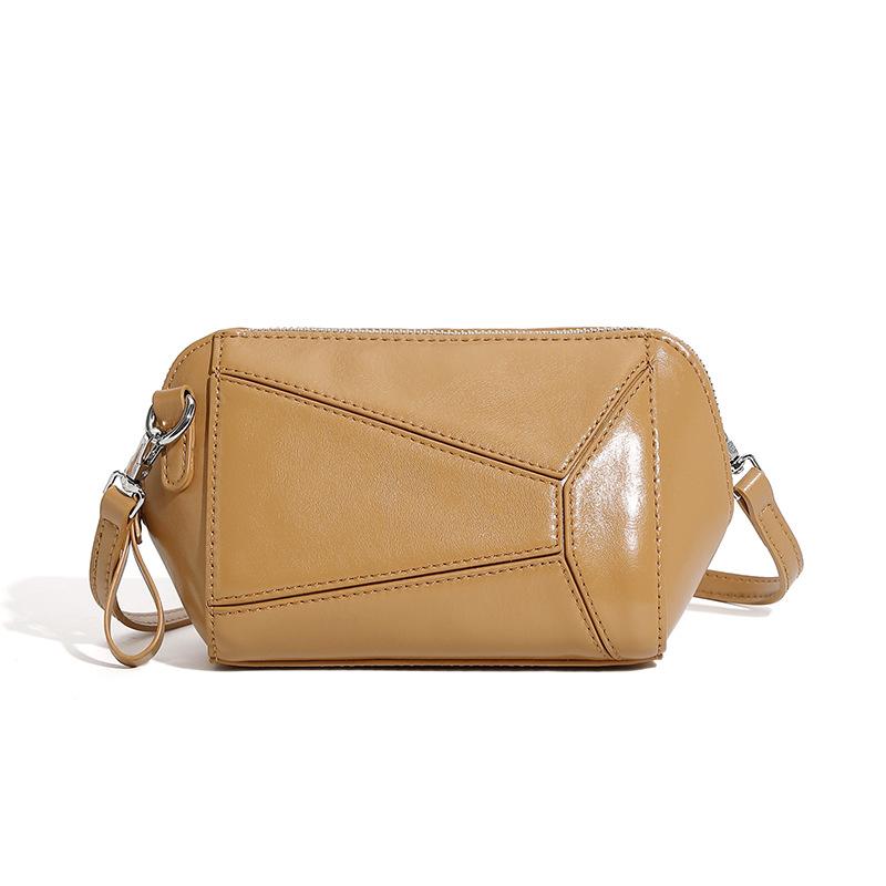 Vegetable Tanned Cowhide Retro Geometric Splicing High-end New Leather Versatile Fashion Single Shoulder Crossbody Woman