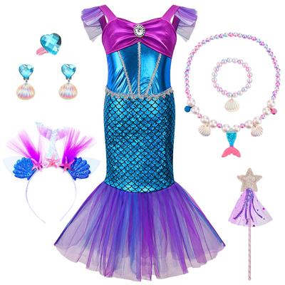 Little Mermaid Dress, Princess Dress and Ring Set for Kids, Cosplay (Blue, Size 110cm) [Parallel Import]