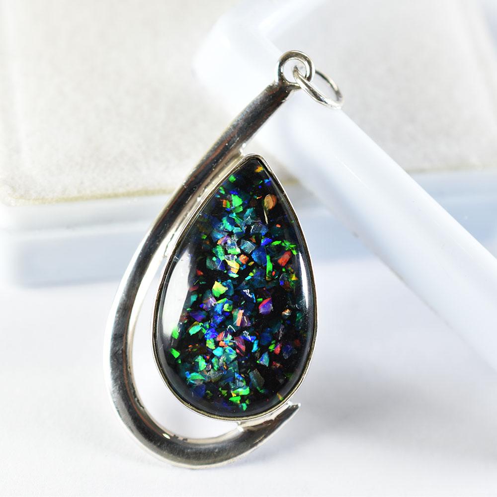 Natural Opal Pendant 37 ct Multicolor Pear 925 Sterling Silver for Her October Birthday Birthstone
