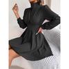 Spring and Summer Sexy Hollow Out A-line Party Short Dress Slim Waist Casual Turtleneck Long Sleeve Evening Dress Streetwear Solid Color Clothing