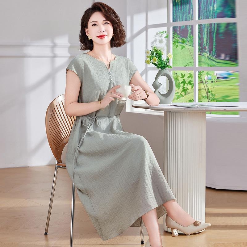 

2026 Summer Cotton Linen Dress for Middle-aged Women – Elegant, High-class Long Skirt 2XL