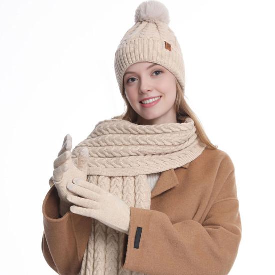 Winter Hat Scarf Gloves Set for Women Fleece Lined Pom Pom Skull Cap Long Scarf And Gloves Set Warm Knit 3 Pcs Set for Cold Weather
