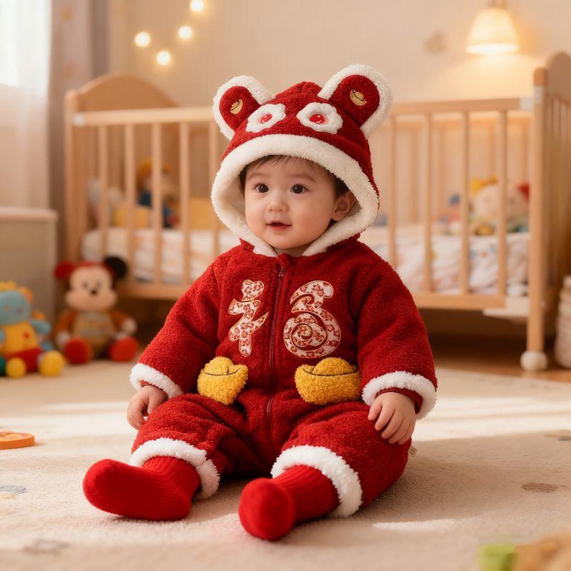 New Year Greeting Outfit for Baby Boys, Red New Year Clothes, Winter Thickened One-Year-Old Boy's Birthday Outfit, One-Piece Romper