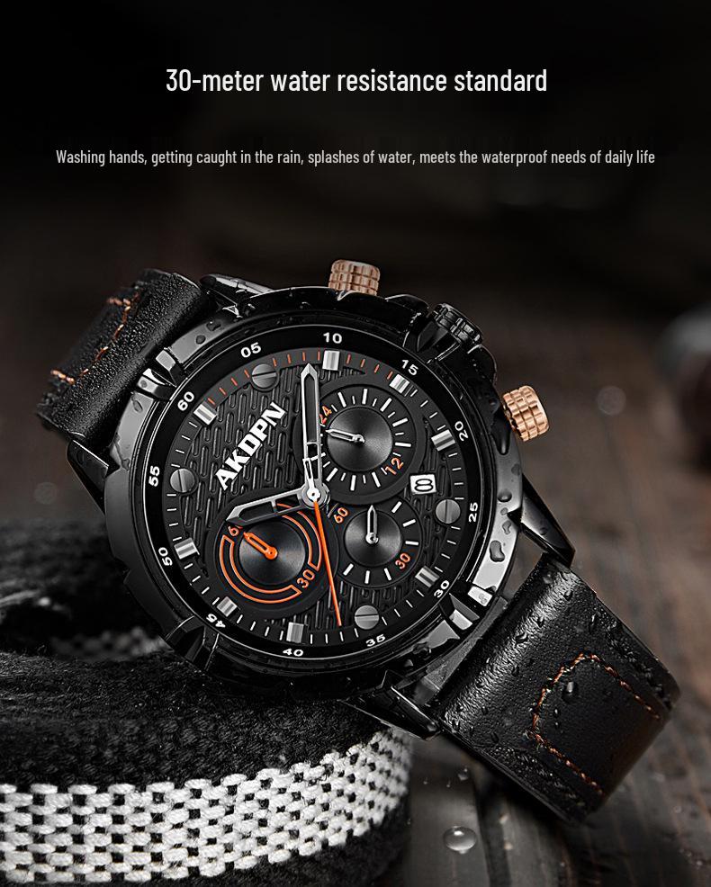 AKDPN Men's Multi-Function Chronograph Quartz Watch with Leather Strap