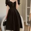 Muse Fan Temperament Solid Color a Word Dress Women's Summer New Korean Version Square Collar Design Button Medium and Long Dress