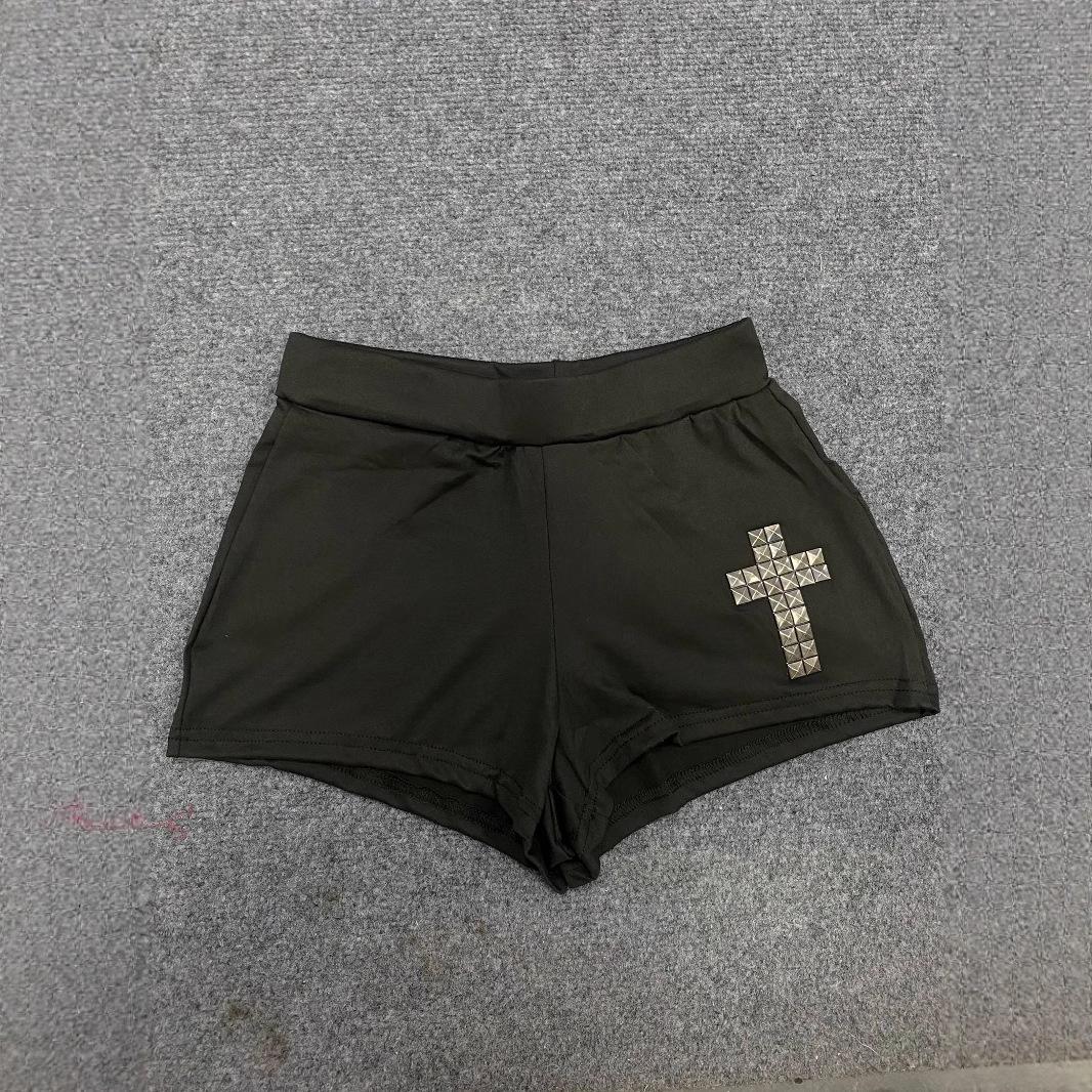Women s Summer 2025 Black Rhinestone Cross Slim Elastic Waist Shorts S