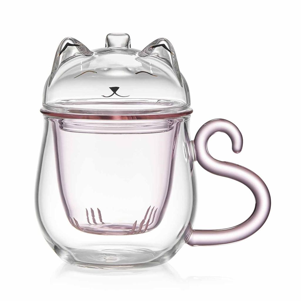 Pokaro Tea Glass Tea Cute Mysterious Cat Dishwasher and Microwave Perfect for Tea and with Handle Perfect for and 486ml Full Capacity Heat-Resistant