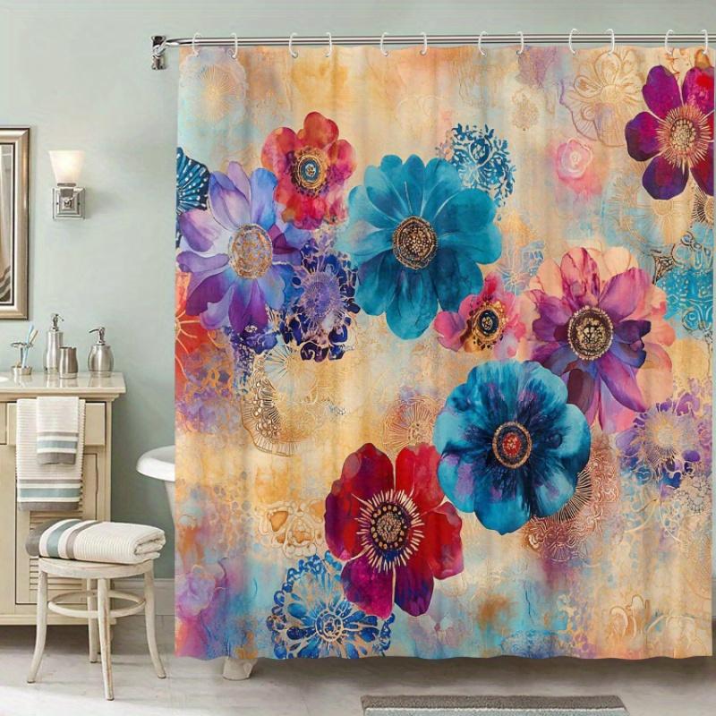Waterproof Art Floral Shower Curtain With Hooks - Machine Washable Non-Woven - Graphic Design Art Theme Bathroom Decor