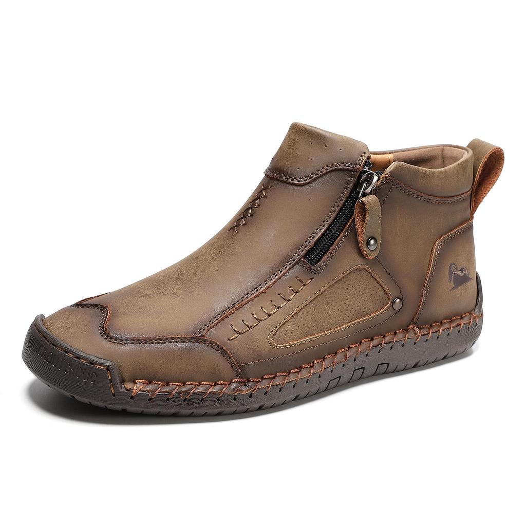 New Classic Handmade Leather Men's Shoes with Zipper Design Outdoor Sneakers Casual Flat Shoes Men Work Shoes Ankle Boots