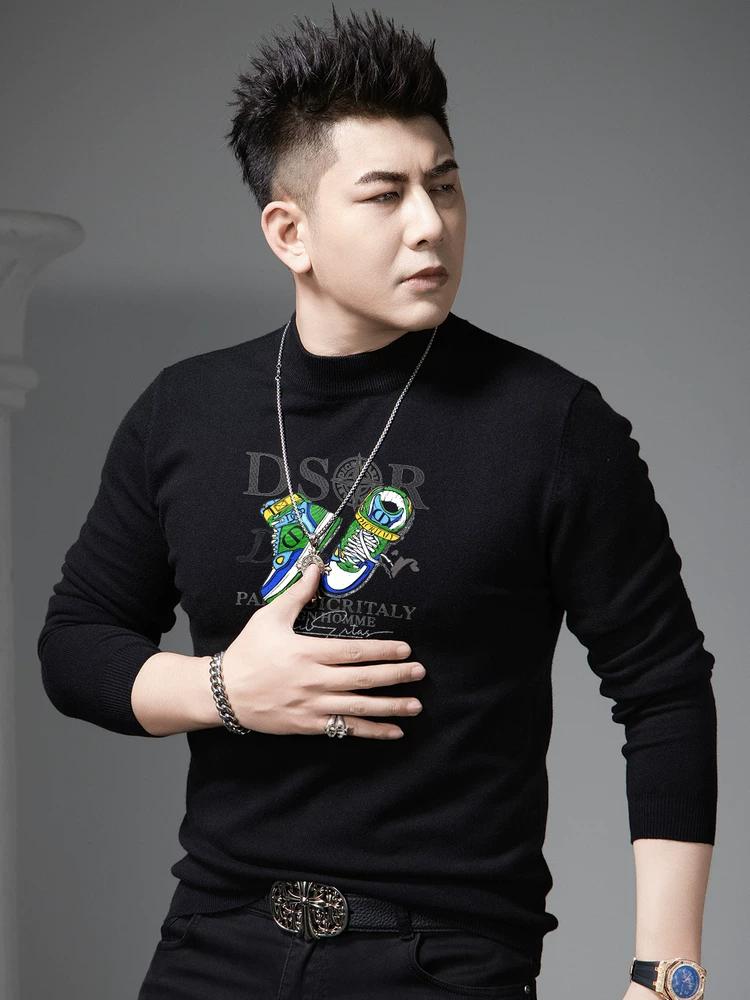 European Goods 2025 New Fashion Brand Print Sweater Men's Autumn Warm Inner Wear Half-high Collar Men's Knitted Bottoming Shirt