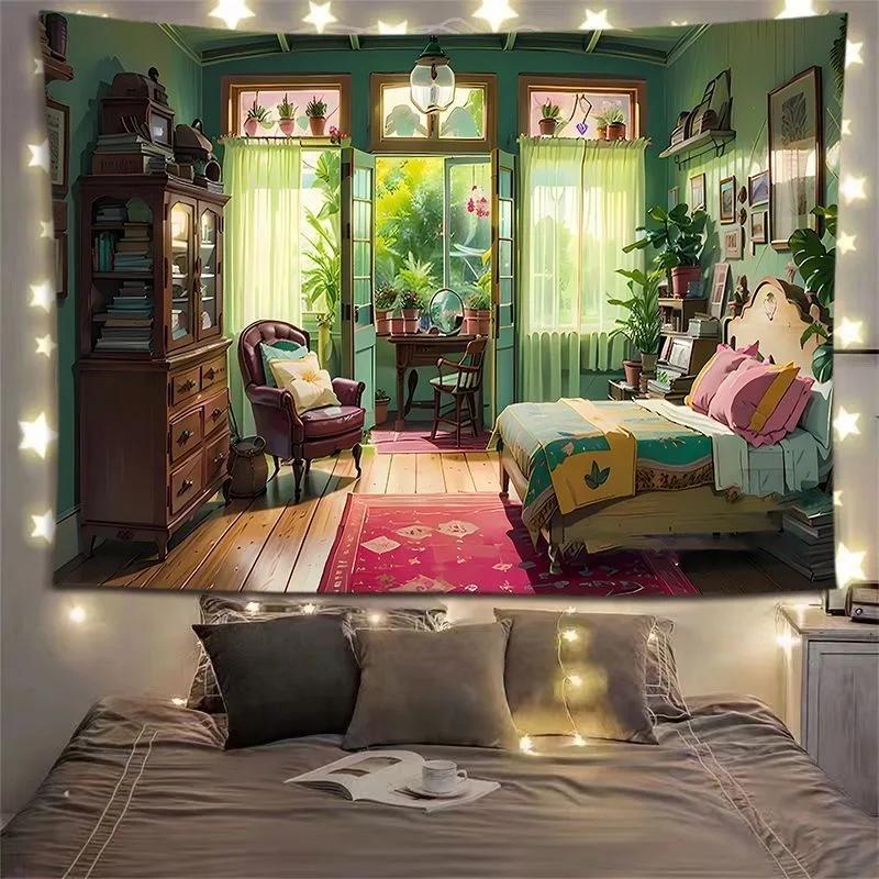 

Charming Cottage Bedroom Tapestry Cozy Interior Lush Greenery Unique Wall Art for Home Decor Nature Lover Gift 74x94cm(29x37in)