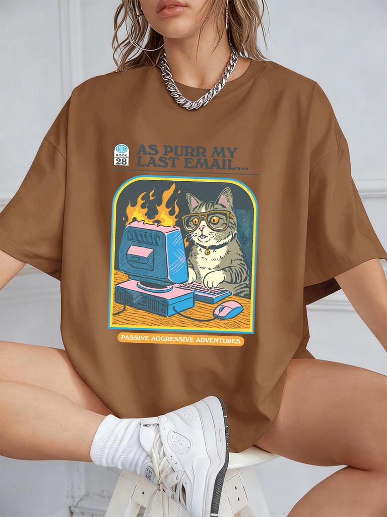 Cat Playing Computer Games Printed TShirts Womens Summer Cotton Short Sleeve T Shirt Loose ONeck Soft Tops Basic Woman Clothes
