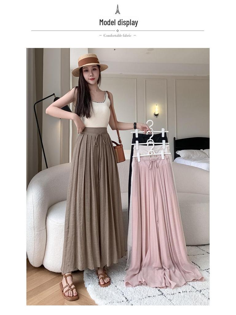 Women's Summer 2024 High-Waist Drape Pants Skirt - Ice Silk & Cotton-Linen Blend with Elastic Waist and Straps