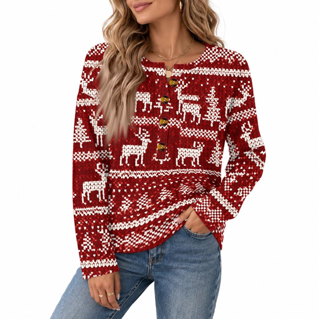 Damen Strickoberteil mit Knopfleiste und Weihnachtsdruck, Langarm, für festliche Freizeitkleidung
