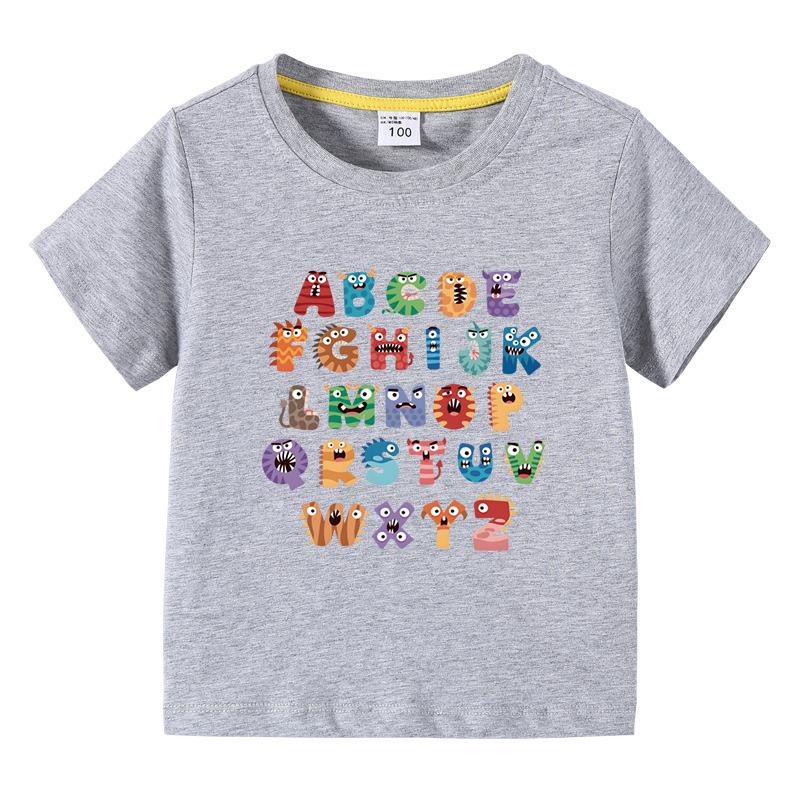 Boys Girls TShirt 26 Letters Print Black 100 Cotton Short Sleeve Tee Soft Casual Summer Tops for Kids Children