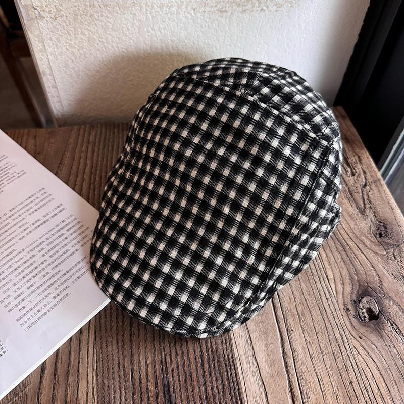 Checkered Pattern Retro Beret Hat For Women Breathable Sunshade Headwear Gift