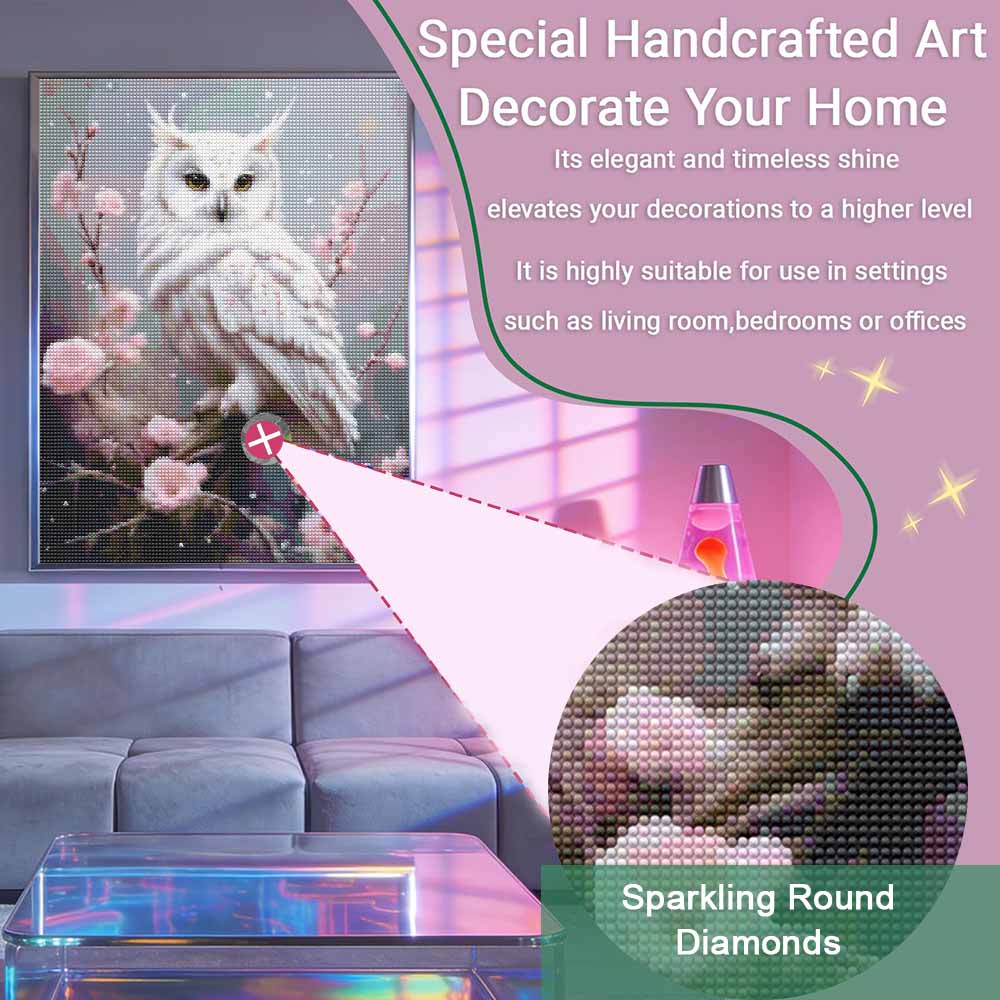 Diamantmalerei DIY-Set weiße Schneeeule mit Kirschblüten Kunst für Wohnzimmerdekoration