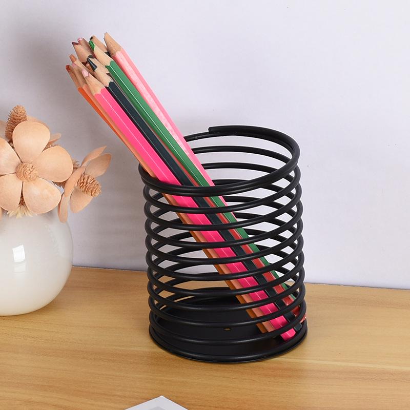 Iron Wire Decompression Pen Holder - Retractable Metal Spring Round Office Organizer