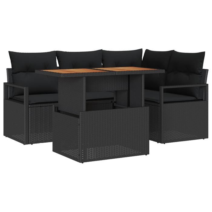 Ensemble de canapé de jardin 5 pièces vidaXL avec coussins Noir Poly Rotin Acacia, Canapé de jardin 2 places vidaXL349708