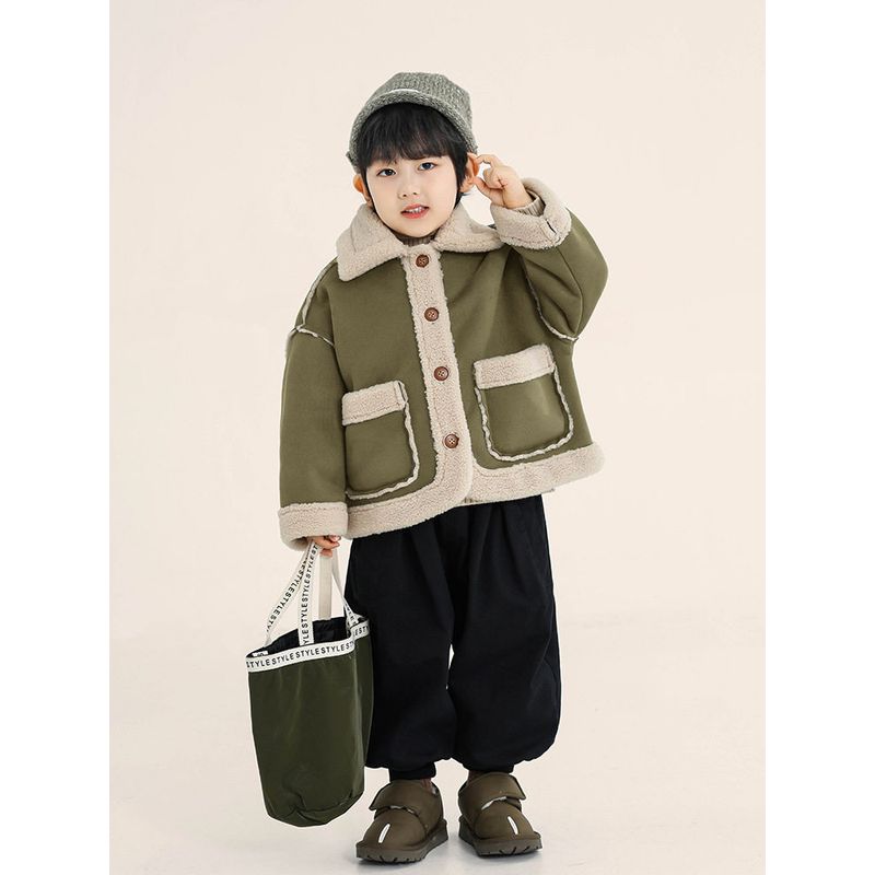 Children's Clothing, Boys' Fleece Jacket, Winter Kidsren's Fur Integrated Cashmere Cardigan, Single-Breasted Top for Small and Medium-Sized Kidsren