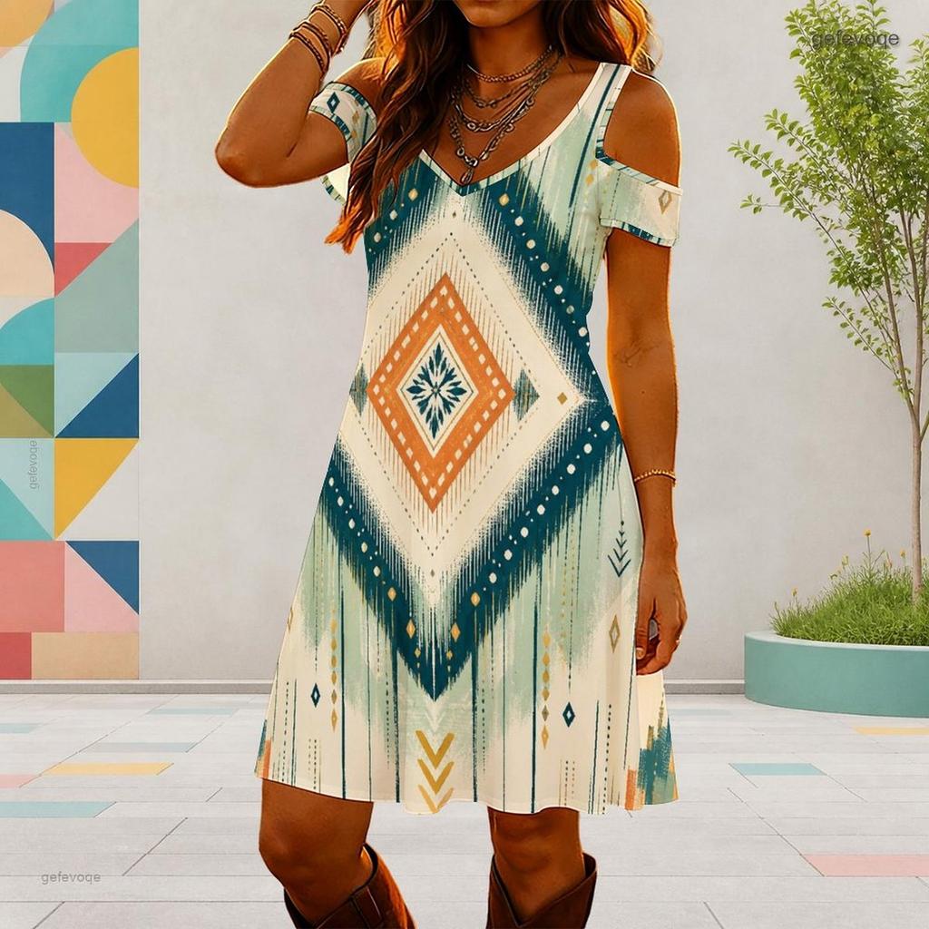 Women Plus Size V Neck Cold Shoulder Short Sleeve Abstract Printed Casual Dress
