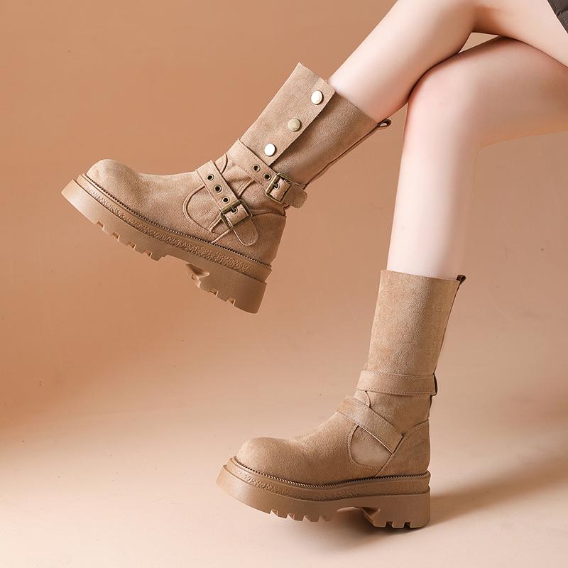 Modne Uniwersalne Dwuczęściowe Skórzane Buty na Platformie Podwyższające, Retro Sznurowane Buty Kowbojskie z Klamrą, Krótkie Buty Motocyklowe