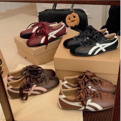 Cowhide Version Grape Ma Inner Height Increase Women's Retro Contrasting Color Splicing Ribbon Versatile Casual Sports Shoes