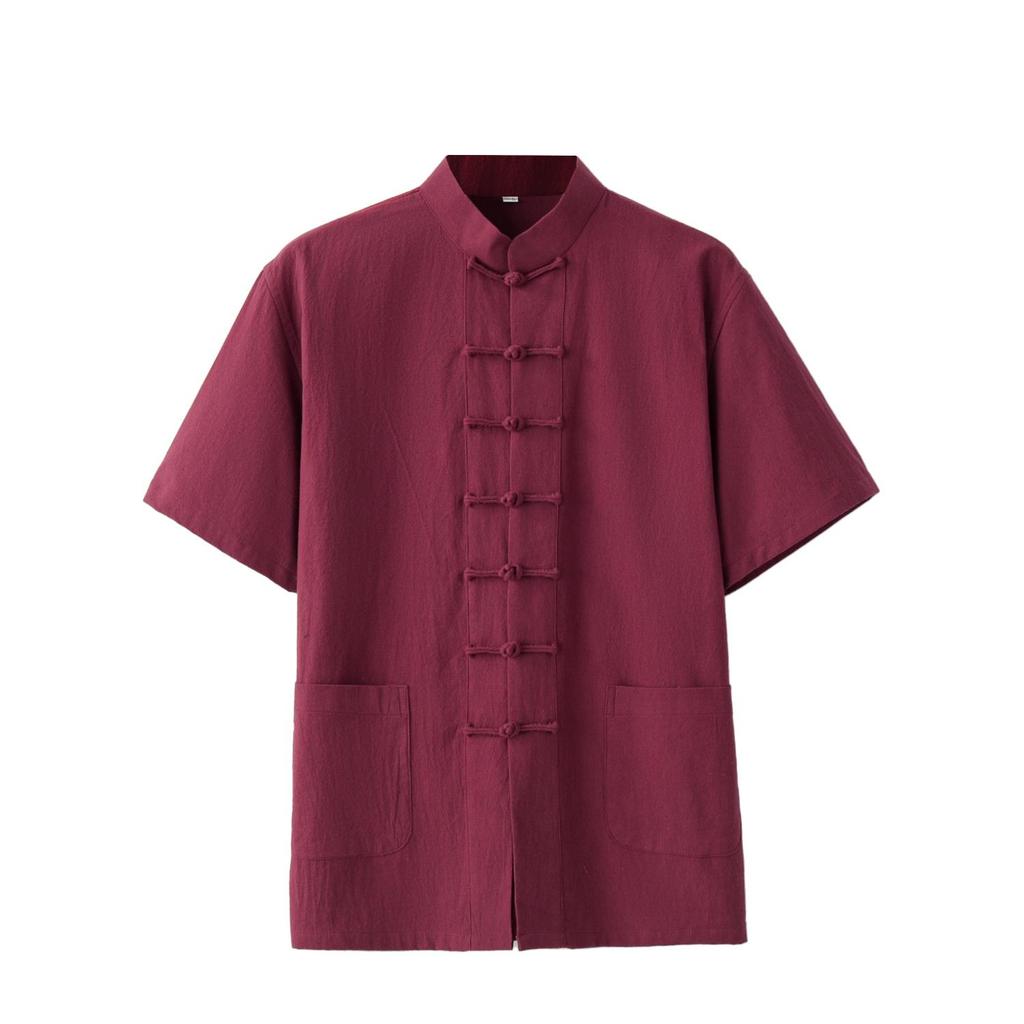 Tang Suit Men's Short-sleeved Cotton and Linen Vintage Tai Chi Shirt Summer Zen Meditation Lay Practitioner Clothing Father's Outfit